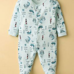 CUCUMBER Interlock Knit Full Sleeves Footed Sleep Suits with Nautical Theme Print - Powder Blue-image-72