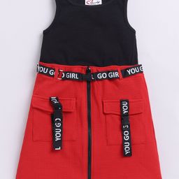 M'andy Cotton Woven Sleeveless Colour Blocked Dress With Belt - Navy Blue & Red-image-87