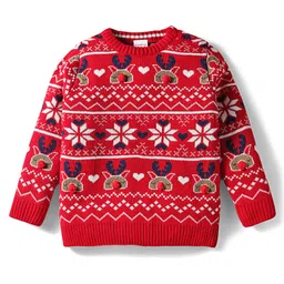 Babyhug Knit Full Sleeves Pullover Sweater with Aztec Design - Red-picture-5