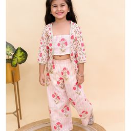 AJ Dezines Cotton Woven Three Fourth Sleeves Foral Swirls Printed Striped & Gota Lace Embellished Shrug Attached Top With Coordinating Pant Set - Red-image-75