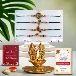 eCraftIndia Set Of 5 Rakhi With Lakshmi Ganesha Decorative Diya& Roli Chawal Gift Set-image-32