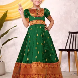 Calendar Art Girls Ethnic Motifs Print Tie-Ups Satin Puff Sleeves Gown Maxi Dress-image-67