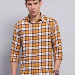 Monte Carlo Men Spread Collar Tartan Checked Cotton Casual Shirt-image-90
