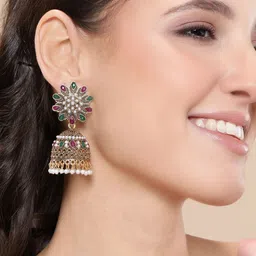 Anouk Gold-Plated Artificial Stones Studded & Beaded Dome Shaped Jhumkas-15