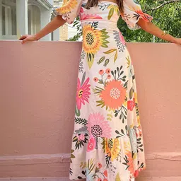 Routes by All About You Women Puff Sleeves Floral Print Linen Maxi Dress-image-90