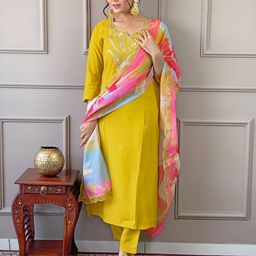 ODETTE Floral Yoke Design Straight Sequinned Kurta with Salwar & Dupatta-image-39