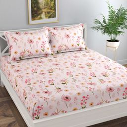 Florida Pink & Yellow Floral Bedsheet with 2 Pillow Covers-picture-39