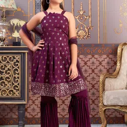 Sangria Girls Embroidered Shoulder Straps Sequinned Georgette Kurta Sharara & Dupatta-image-6