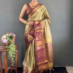Beige Cotton Silk Zari Weaving Saree with Unstitched Blouse Piece-11