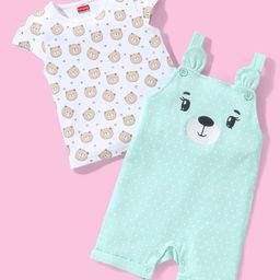 Babyhug Cotton Puff Print Dungaree with Bear Printed Half Sleeves Inner Tee - Mint-image-4