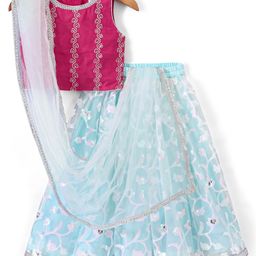 Babyhug Sleeveless Embroidered Choli with Embroidered Lehenga and Dupatta - Aqua Blue-image-6