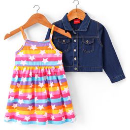 Babyhug 100% Cotton Knit Frock With Full Sleeves Denim Jacket Star Print- Multicolour-image-41