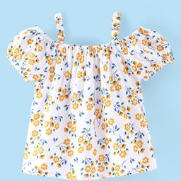 Babyhug Rayon Woven Gathered Half Sleeves Top With Floral Print - White Yellow & Blue-picture-18
