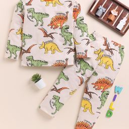 Little Marine Cotton Knit Full Sleeves Dinosaur Printed Night Suit - Off White-image-85