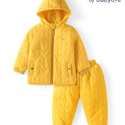 Babyoye Knit Quilted Full Sleeves Winter Wear Hooded Jacket & Jogger Set with Pocket Detailing - Yellow-image-96