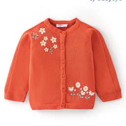 Babyoye Cotton Knit Full Sleeves Front Open  Sweater with Floral Embroidery - Orange-image-85