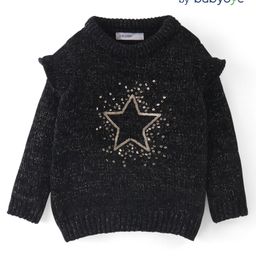Babyoye Knitted Full Sleeves Pullover Sweater with Star Sequin Detailing - Black-image-75