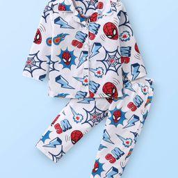 Babyhug Marvel Full Sleeves Front Open Collar Neck Woven Night suit  with Spider Man Print - White-image-5
