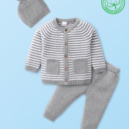 Babyhug Knitted Full Raglan Sleeves Front Open Striped  Hooded Sweater Set with Cap & Pockets - Light Grey-picture-15