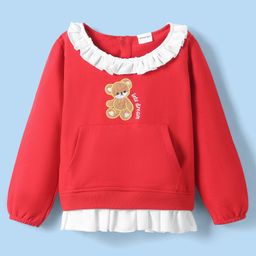 Kookie Kids Terry Knit Full Sleeves Sweatshirt with Frill Detailing & Bear Embroidery - Red-picture-3