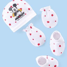 Babyhug Disney Interlock Knit Cap Mittens & Booties Set with Star & Mickey Mouse Print - White-image-22