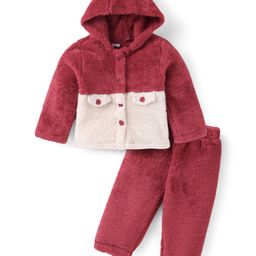 Babyhug Fur Woven Full Sleeves Hooded Front Open Winter Wear Suit - Wine & White-image-83