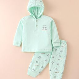 Tango Interlock Full Sleeves Hooded Night Suit With Kitten Print - Light Green-image-85