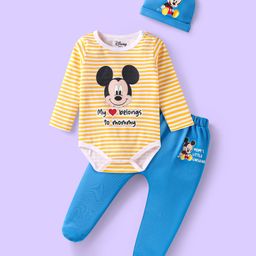 Babyhug Disney Interlock Knit Full Sleeves Striped Onesie With Mickey Mouse Graphics Footed Lounge Pant & Cap - White Yellow & Blue-image-40