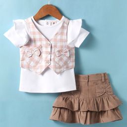 ToffyHouse Cotton Knit Sleeveless Top & Skirt Set With Checks Jacket - White & Tan-image-4