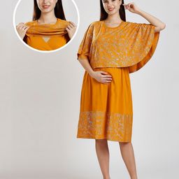 True Shape Embosis Hosiery Half Batwing Sleeves Floral Foil Printed Maternity Poncho Dress With Nursing Access - Mustard-picture-13