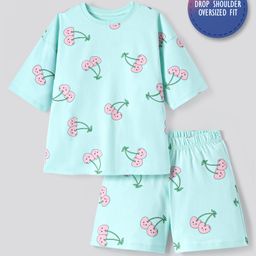 Primo Gino Cotton Knit Half Drop Shoulder Sleeves Nightsuit With Fruit Print - Aqua Blue-image-52