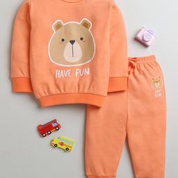 Bumzee Cotton Full Sleeves Bear & Text Printed Sweatshirt With Coordinating Joggers Set - Orange-image-92