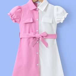 Mark & Mia Half Puffed Sleeves Cut & Sew Designed Shirt Style Frock with Waist Belt Detailing - Pink-image-49