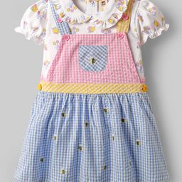 ToffyHouse Cotton Woven Half Sleeves Frock & Peter Pan Collar T-Shirt With Checks & Bee Embroidery - Blue & White-picture-18