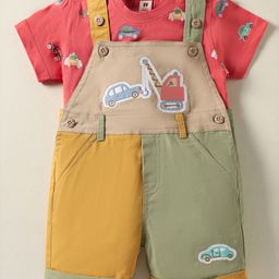 ToffyHouse Cotton Knit Half Sleeves T-Shirt & Dungaree With Vehicle Patch Embroidery - Red & Khaki-image-58