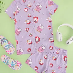 Pantaloons Junior Cotton Knit Half Sleeves Cat Printed Coordinating Night Wear Set - Lilac-picture-46