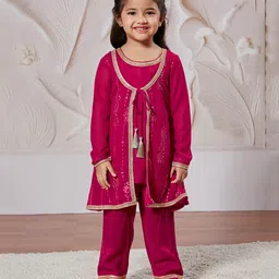 Vastramay Georgette Full Sleeves Floral Embroidered & Lace Embellished Kurta Salwar With Jacket Set - Fuchsia Pink-picture-0