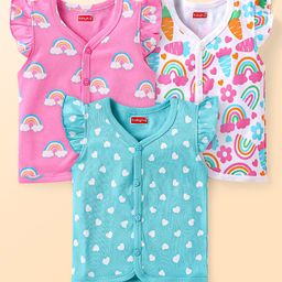 Babyhug 100% Cotton Knit Frill Sleeves Front Open Vest With Polka Dots & Rainbow Print Pack Of 3 - Pink & Light Blue-image-18