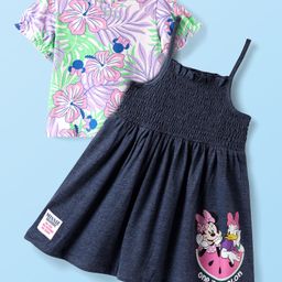 Babyhug Disney Single Jersey Knit Frock with Half Puffed Sleeves Inner Tee & Minnie Mouse Graphics - Navy Blue & White-image-80