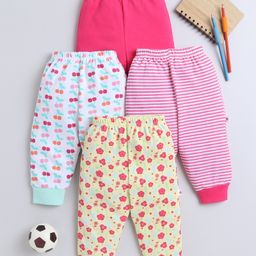 BUMZEE Cotton Full Length Cherry & Floral Printed Pajamas Pack Of 4 - Pink & Yellow-image-124