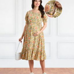Bella Mama Woven Short Sleeves Floral Printed Maternity Dress - White & Beige-image-91