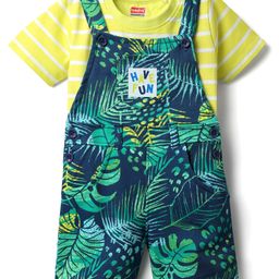 Babyhug Single Jersey Knit Half Sleeves T-Shirt & Dungaree With Tropical Print - Limegreen & Teal Blue-image-96