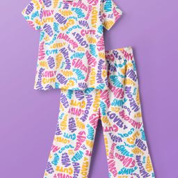 Pine Kids Cotton Knit Half Sleeves Co-ords Capri Night Suit with Text Print - White-image-64