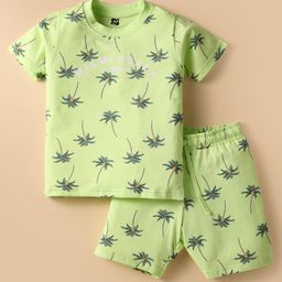 Evimo Single Jersey Knit Half Sleeves Co-ords Shorts Night Suit With Tropical Theme Print - Light Green-image-87