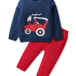 Babyhug Knit Full Sleeves Sweater Set with Tractor Design - Navy Blue-image-22