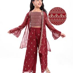 Pine Kids Three Fourth Bell Sleeves Indo western Sets with Jacket Embroidery & Sequin Detailing - Maroon-image-69