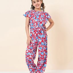 StyloBug Viscose Rayon Woven Half Sleeves Floral Printed Jumpsuit - Red-image-95