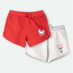 Ariel Cotton Knit Pack Of 2 Unicorn & Heart Printed Shorts - Red & Grey-image-91