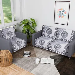 Aura Black & Grey 6 Pieces Floral Printed 3 Seater Cotton Sofa Covers-8