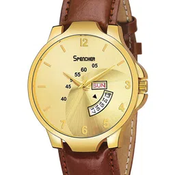 SPENCHER Men Analogue Multi Function Watch SW New 2Tone Golden Dial Brown Strap-0